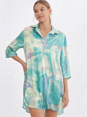Entro Pastel Abstract Midi Dress Size S Coastal Boho Watercolor Chic